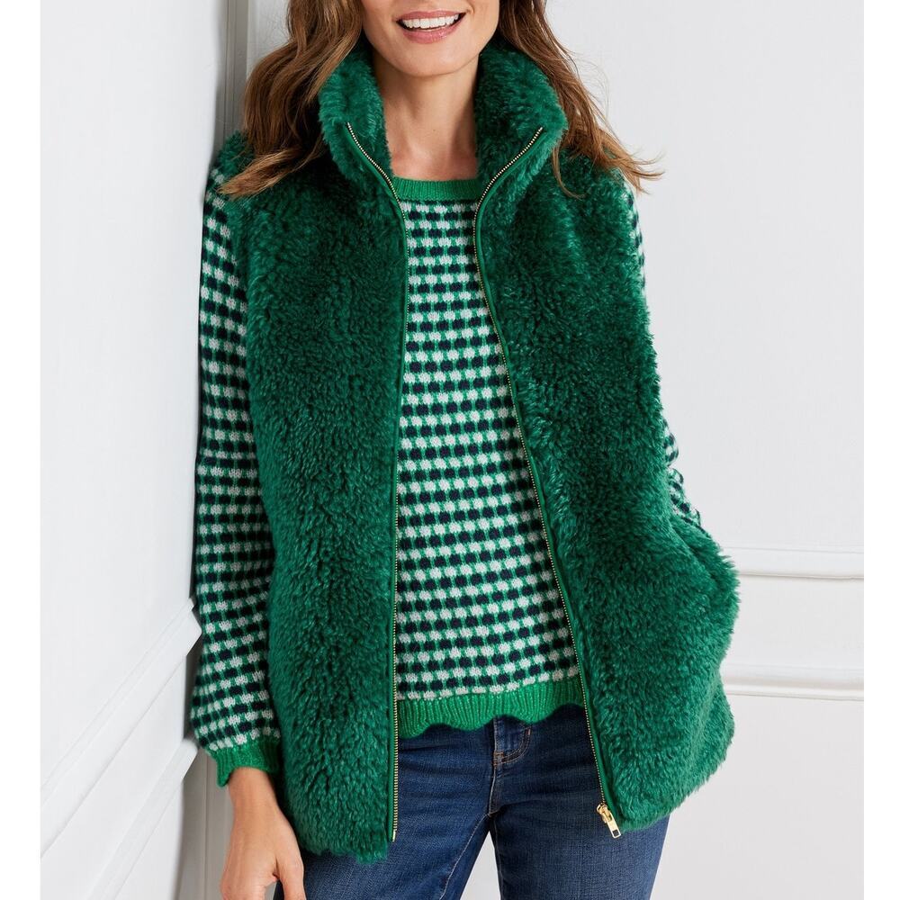 Talbots faux fur vest Fluffy teddy alpine forest green Sherpa XL cozy warm soft